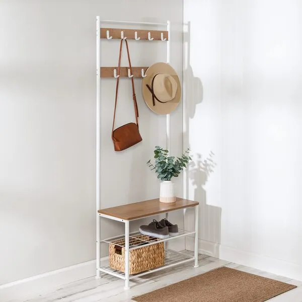 Honey-Can-Do Entryway Hall Tree with Bench and Shoe Storage, White/Walnut SHF-09603 White, 300 lbs