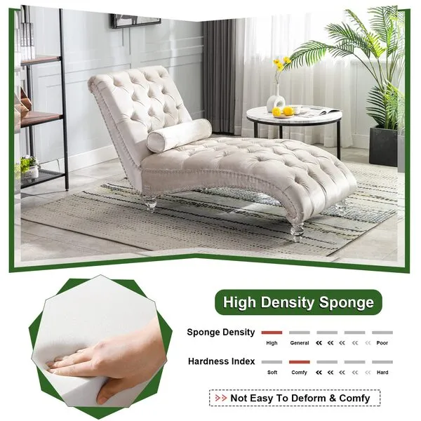 KINFFICT Velvet Chaise Lounge Chair with Toss Pillow, Modern Tufted Button Lounge Chair with Acrylic Legs, Upholstered Indoor Sleeper Chair for Living Room, Bedroom, Beige