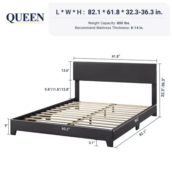 Allewie Queen Bed Frame with Adjustable Headboard, Faux Leather Platform Bed with Wood Slats, Heavy Duty Mattress Foundation, No Box Spring Needed, Noise-Free, Easy Assembly, Black