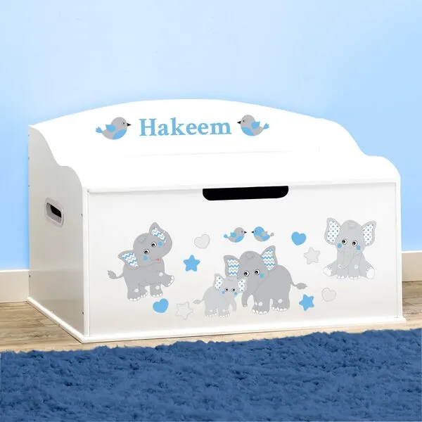 DIBSIES Personalized Creative Wonders Toy Box (Blue Elephants, White)