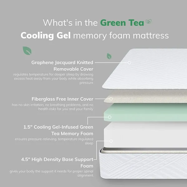 EGO Twin Mattress 6 Inch Green Tea Memory Foam Mattress Twin, CertiPUR-US Certified, Cooling Gel Bed Mattress, Fiberglass Free Bed in a Box, Twin mattresses for Kids, Bunk Bed, Trundle, Daybed