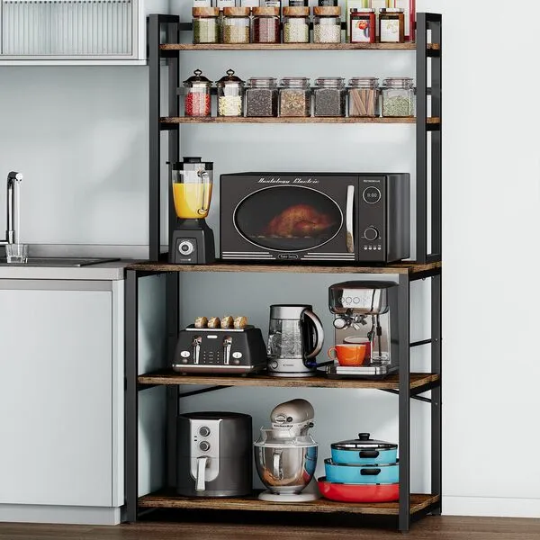Denkee 31.5 Inch Width Bakers Rack for Kitchen, Industrial 5-Tier Microwave Stand with Storage, Freestanding Kitchen Stand Storage Shelf, Coffee Bar Stand (Rustic Brown)
