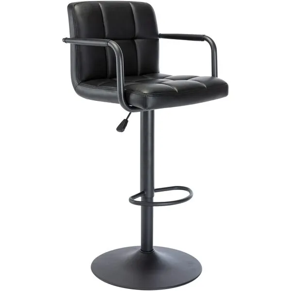 Vogue Furniture Direct Modern PU Leather Square Bar Stool, Adjustable Swivel Barstool with Back and Arms, Airlift Counter Height Chair for Kitchen Dining Pub Cafe, 1 Chair (Black, Black Base)