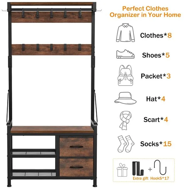 Lulive Hall Tree, 31” Entryway Bench with Coat Rack freestanding, 5 in 1 Intelligent Design Shoe Bench and Wall Rack 17 Hooks and Drawers (Rustic Brown)