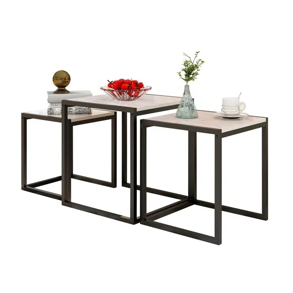 HAHRIR Nesting Table Set of 3 Side Tables, Modern Coffee Table Stacking End Table with Metal Frame，OAK