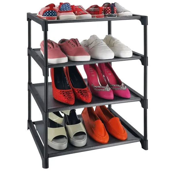 HITHIM 4 Tiers Small Shoe Rack,Narrow Stackable Shoe Shelf Organizer,Sturdy Shoe Stand, Non-Woven Fabric Metal Shoe Racks for Entryway, Doorway and Bedroom Closet