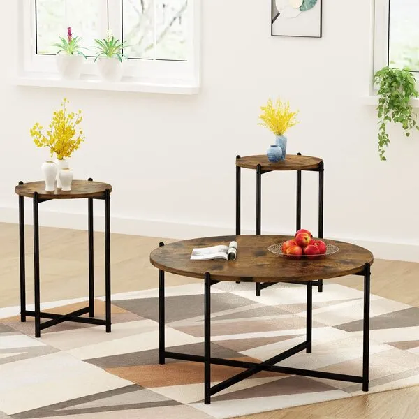 DKLGG Coffee Table Set of 3, Round Living Room Tables Set, 3 Piece Coffee Table and End Table Sets, Rustic Brown Wood Coffee Table and 2 Side Table for Apartment, Small Space