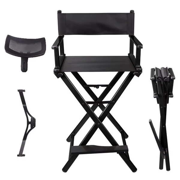Lorvain Folable Makeup Artist Stool Chair, Protable Tall Folding Directors Chair, Aluminum Makeup Chair with Head Rest for Studio Salon Vanity, Bar Height - Black Chair