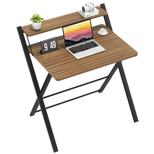 GreenForest Folding Desk No Assembly Required Small Size, 2-Tier Foldable Computer Desk with Shelf for Home Office, Space Saving Portable Laptop Study Foldable Table for Small Spaces, Espresso