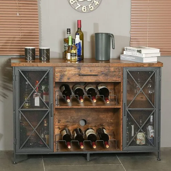 Wine Bar Cabinet with Wine Rack and Glass Holder, Farmhouse Coffee Bar Cabinet for Liquor and Glasses, Industrial TV Stand with Drawer and Mesh Door, Rustic Brown