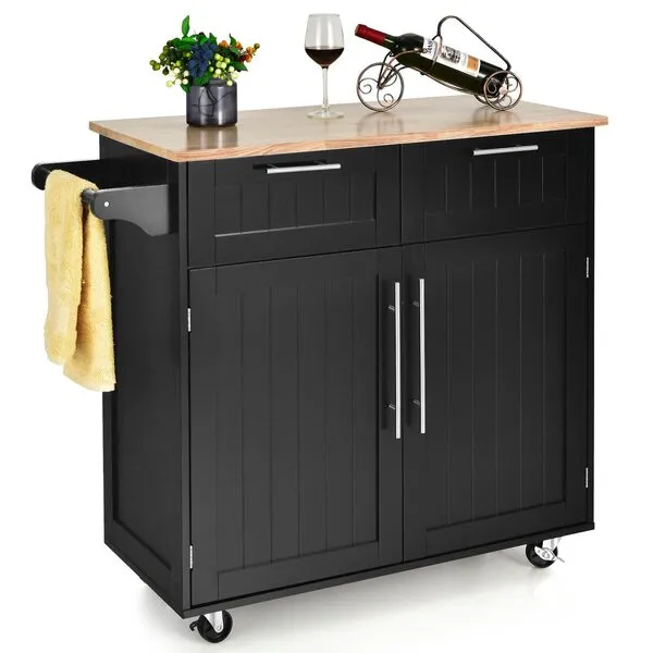 Giantex Kitchen Island Cart Rolling Storage Trolley Cart Home and Restaurant Serving Utility Cart with Drawers, Cabinet, Towel Rack and Wood Top (Black)