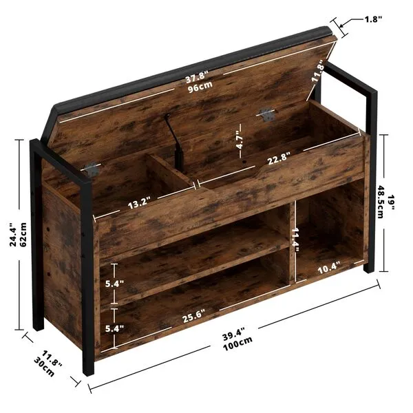 IRONCK Shoe Storage Bench, Entryway Bench with Lift Top Storage Box, Metal and Board Bench for Entryway, Two Tier Shoe Rack Organizer for Entryway, Bedroom, Hallway, Industrial, Vintage Brown