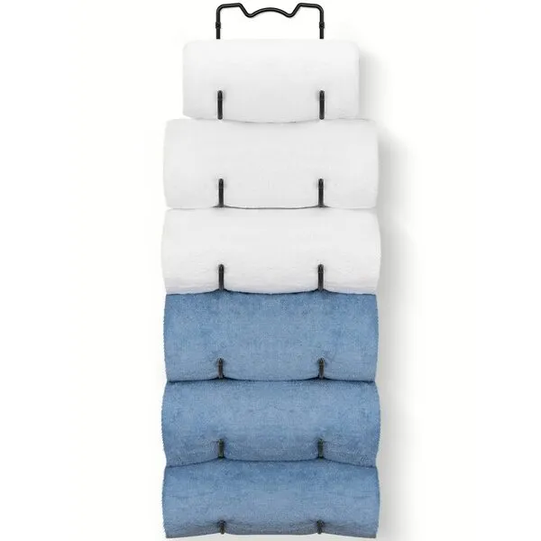 Elbourn Towel Rack Wall Mounted Metal Wine Rack Washcloths Bathrobe Storage Shelf Organizer Hand Towels Holder for Bathroom Cloakroom - Black