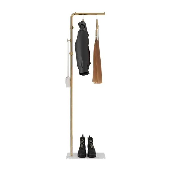 RRG Metal Coat Rack Freestanding, 67”Coat Hanger Stand with 3 Hooks Heavy Base Modern Coat Stand for Jackets, Suits, Dress Shirts, Dresses (Gold)