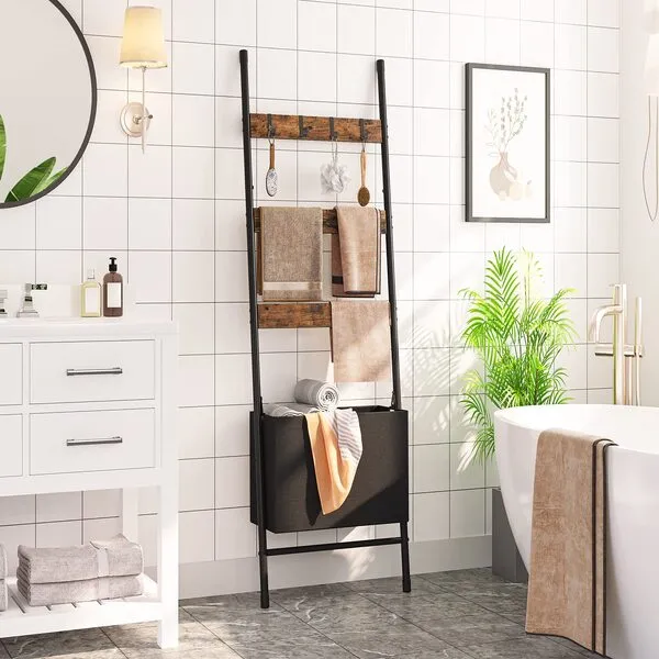 HOOBRO Blanket Ladder with Basket, 17.3”L x 63.4”H, Towel Rack with Hooks, Blanket Holder Rack, Decorative Ladder Shelf, Drying and Display Rack for Bathroom, Living Room, Rustic Brown BF31CJ01